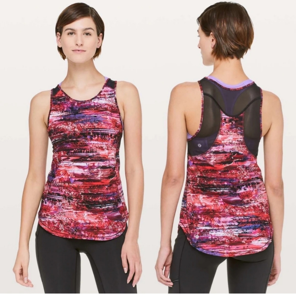 Lululemon Sculpt Tank II Muscle Tee in Dahliascape Multicolor Pink / Black Mesh